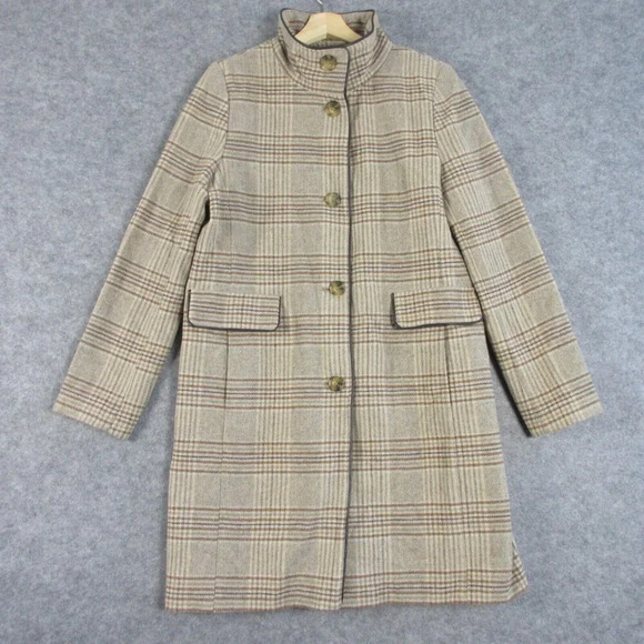 DKNY Women's Plaid Wool-Blend Pea Coat Academia Collar Outwear Jacket Tan M 1198 - Picture 1 of 14